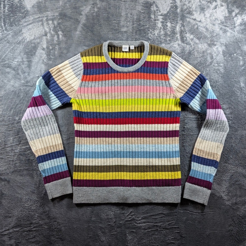 Gap Womens Merino Wool Blend Ribbed Multi Color Striped Crew Neck Sweater M